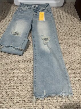 Risen Light Wash Distressed Wide-Leg Jeans - Women